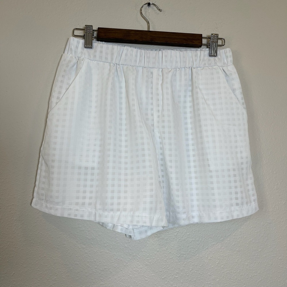 SHEIN Women White Gingham Checkered Elastic Waist Casual Shorts Size L 8/10